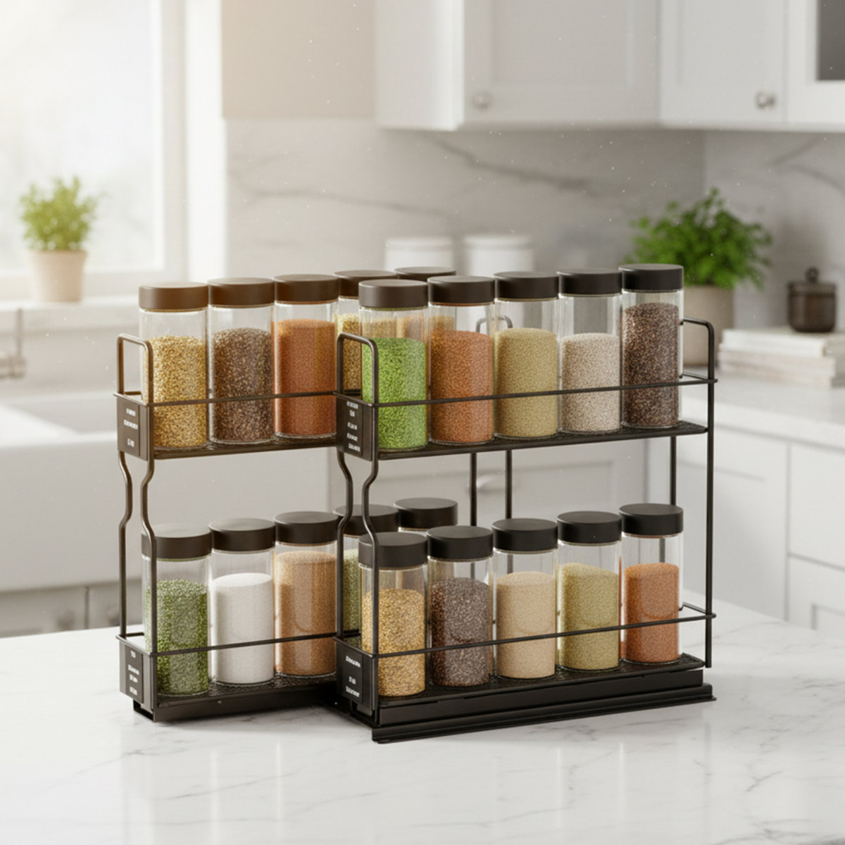 2-Tier Pull Out Spice Rack Organizer for Cabinet, Heavy Duty Slide Out Seasoning Organizer with Labels, 2 Drawers